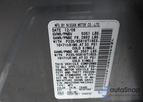 2007 Nissan Murano Sl z USA, uszkodzony, nr VIN JN8AZ08W87W633893